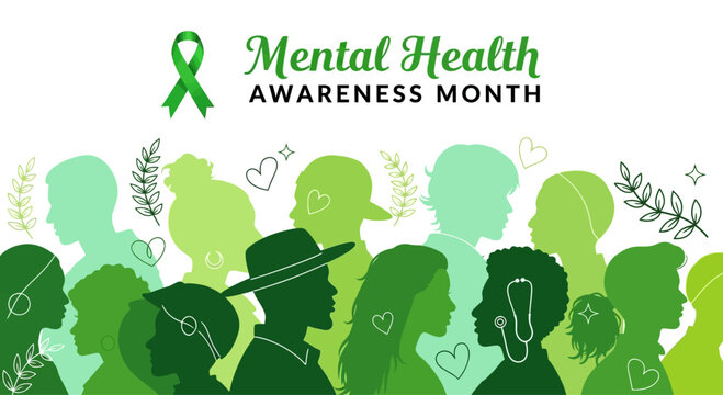 Mental Health Awareness Month diverse people silhouettes illustration.