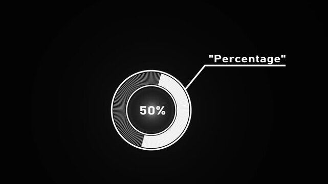 Circular infographic element showing 50 percent with segmented circle and connecting line percentage.4k video.