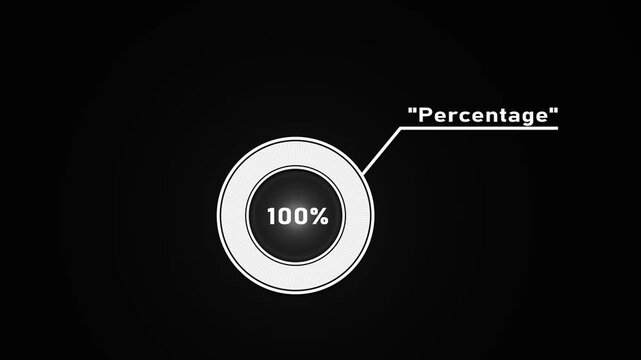 Circular infographic element showing 100 percent with segmented circle and connecting line percentage.4k video.