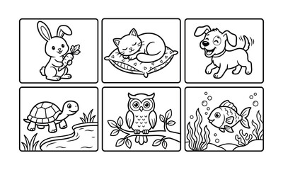 Fototapeta premium Cute, Animal, Coloring, Pages, Set, For, Kids, Featuring, Rabbit, Cat, Dog, Turtle, Owl, Fish, Simple, Outline, Vector, Illustration, Educational, Activity