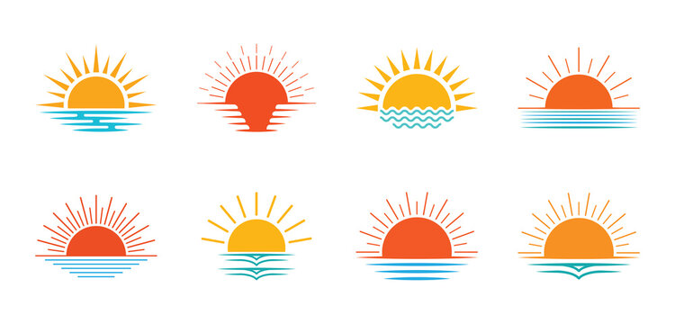 Set of colorful sunset and sunrise logo icons silhouette vector illustrations feature various sunburst styles and ocean ripples. Vector icons of nature.
