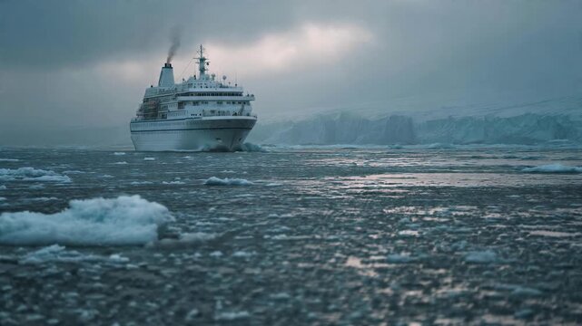 White cruise ship sailing through Arctic ice floes. Luxury liner navigating polar waters near towering glaciers. Expedition voyage in frozen ocean environment for adventure travel.