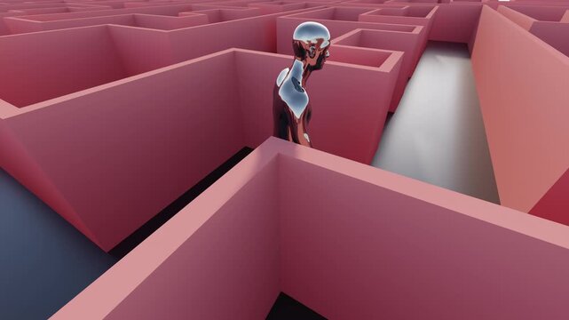 3d animation of metallic figure walks endlessly through a structured maze for VJ sets, high-tech club visuals,  electronic music festivals, stage screens and for LED video walls