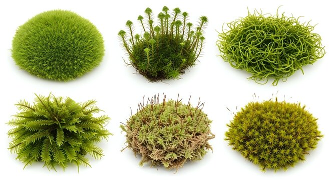 Six varieties of green moss and plant clumps isolated on white background, showcasing diverse textures for nature, botany, and design projects.