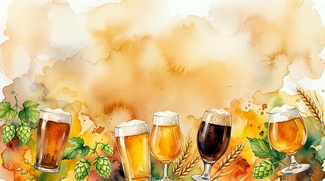 Watercolor beer glasses with hops and wheat border design for Oktoberfest celebration and brewing industry promotional materials.