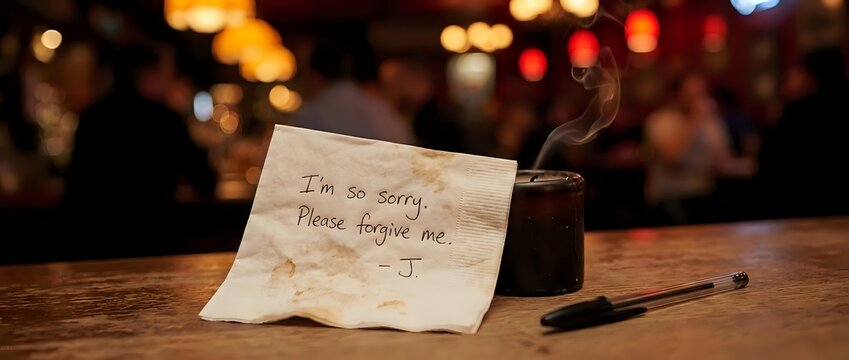 Handwritten apology note on a bar counter reading I'm so sorry, please forgive me, with a smoking candle and pen in a moody setting.