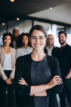 In a modern office setting, a confident and smiling female leader is standing alongside a diverse business team.