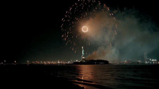 Fireworks bursting over Statue of Liberty at night. Explosive display illuminating iconic landmark across harbor water