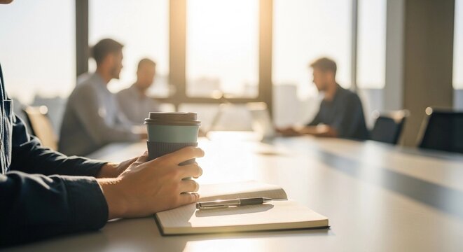 Intern with coffee during morning meeting in bright office setting, summer internships theme 