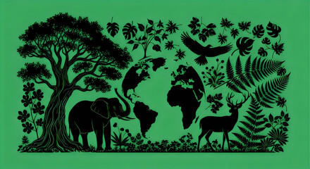 Obraz premium Black silhouettes of jungle animals and plants on green