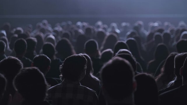 Audience watching live concert in dark auditorium, backs of heads and soft stage lighting creating atmospheric silhouettes.