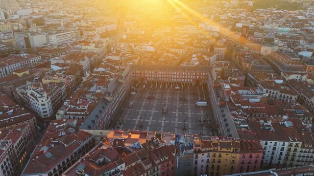 Aerial view of Plaza Mayor At Madrid. Spain. Medieval Buildings Landscape. Downtown District. Madrid At Community Of Madrid Spain. 