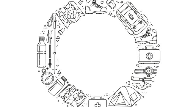 Hand drawn camping and hiking equipment circular frame illustration.