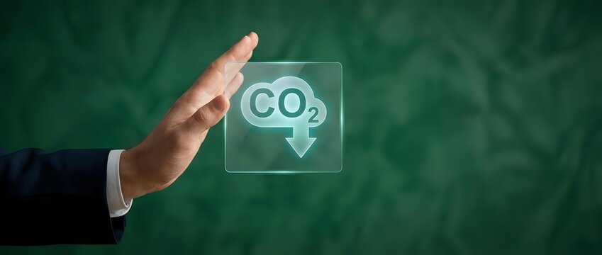 Business hand stopping CO2 emissions with protective gesture against green background for environmental protection and carbon footprint reduction concepts.