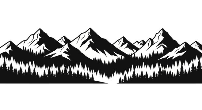 Black and white mountain range with pine forest silhouette.