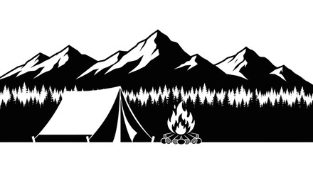 Camping scene with tent and campfire in front of mountains. © Dzaki_Mahir