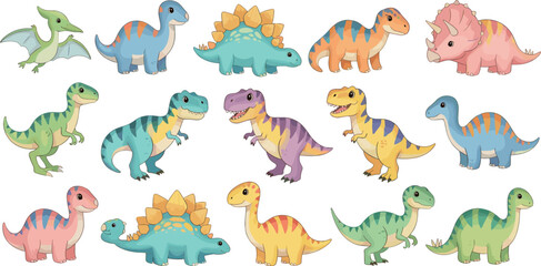 Fototapeta premium Cartoon Style Illustration of Colorful Cute Dinosaurs in Various Poses and Patterns