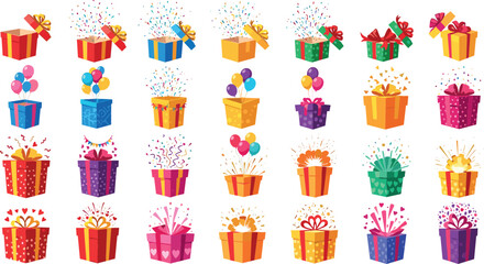 Fototapeta premium Cartoon Style Illustration of Colorful Gift Boxes with Balloons, Confetti, and Ribbons for Celebrations
