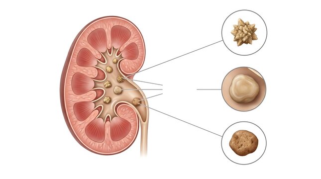 Anatomical cross section diagram of human kidney showing various types of nephrolithiasis stones and their specific structures