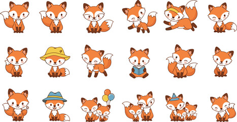 Obraz premium Cartoon Style Illustration of Cute Foxes in Various Poses and Outfits with Playful Expressions