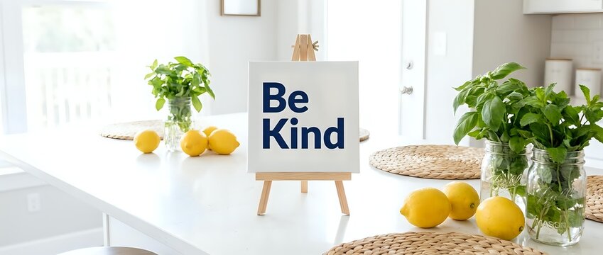 Wooden easel with Be Kind sign on white kitchen counter, surrounded by fresh lemons and green plants in bright, airy home interior.