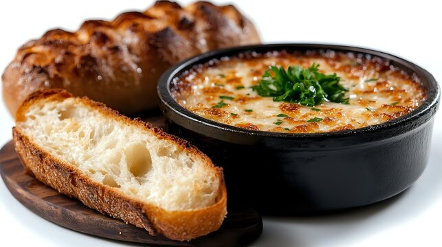 Cheesy baked dip in a cast iron skillet with golden crust, garnished with fresh herbs, served alongside sliced braided bread on wooden board.