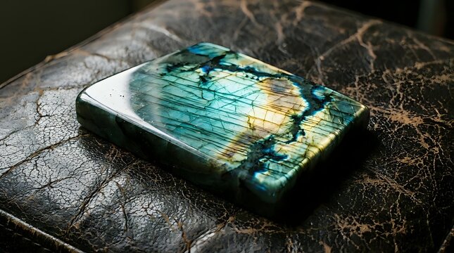 Polished labradorite gemstone with brilliant blue and green flash on textured dark surface showcasing natural iridescent mineral specimen for jewelry making.