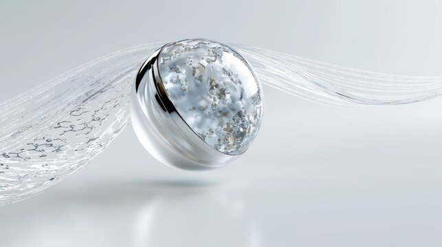 Minimalist 3D render of quantum supremacy featuring floating chrome and glass qubit sphere on a white background. Translucent binary code streams transform into molecular formulas under soft lighting