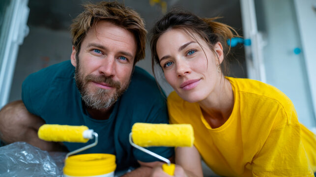 Couple renovating apartment together with paint rollers, happy home improvement and interior makeover concept