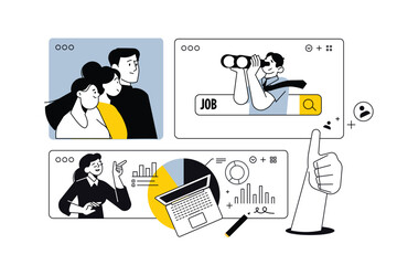 Fototapeta na wymiar Creative business banners of job search, team, data analytics. Vector illustrations for web banner, social media banner, business presentation, marketing material. 