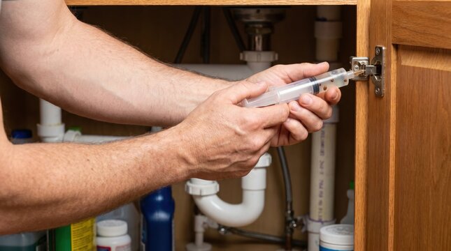 Pest control worker hands applying anti insect gel with syringe to kitchen cabinet hinges
