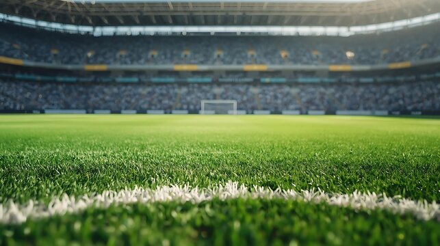 A detailed foreground of vibrant stadium grass under daylight, merging subtle markings from various sports fields, while expansive spectator seating fades softly behind, creating a versatile sports