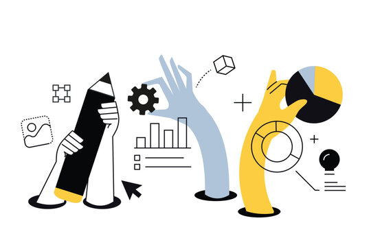 Creative banner of business process and project development. Vector illustration for web banner, social media banner, business presentation, marketing material. 