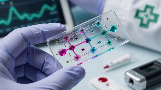 Hand in glove holding microfluidic device for medical diagnosis and research with colorful fluids