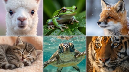 Fototapeta premium Wildlife diversity collage featuring an alpaca, frog, fox, kitten, sea turtle, and tiger portraits