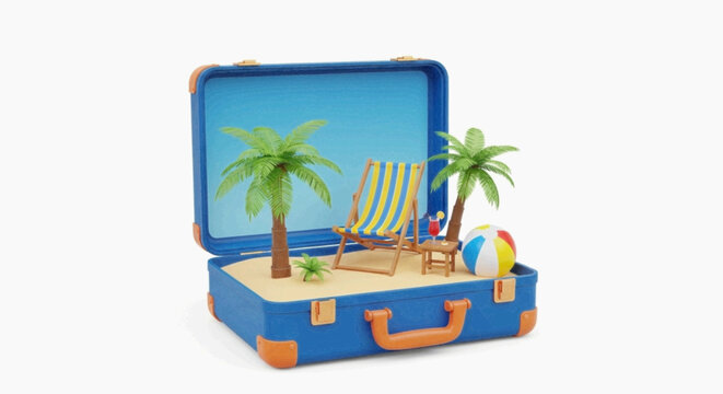Vector illustration of miniature beach scene inside an open blue suitcase on a transparent background