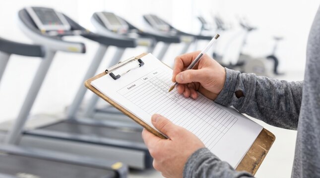 Fitness personal trainer writing workout program schedule on paper clipboard standing in gym