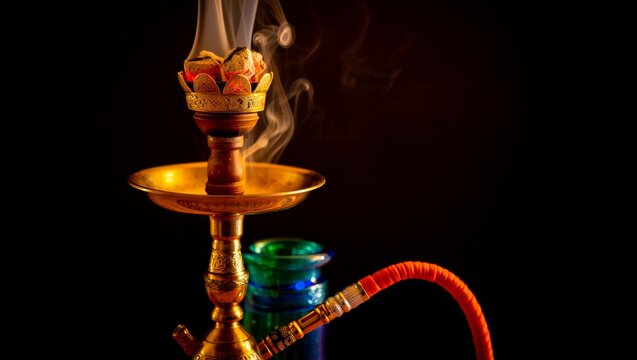Hookah with glowing coals and rising aroma smoke. Traditional oriental shisha pipe for relaxation and calm atmosphere