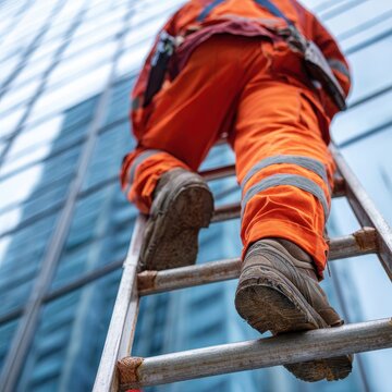 Close-up low angle shot of a maintenance worker in orange safety gear climbing an extension ladder