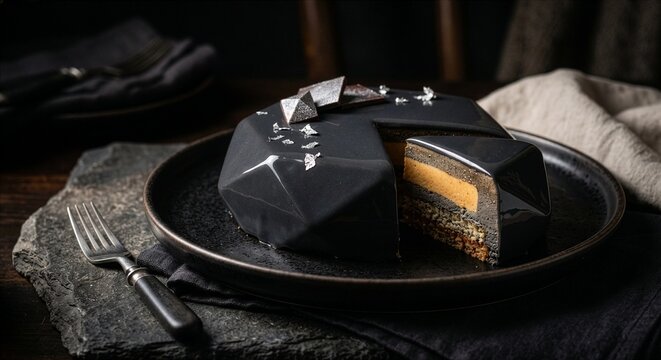 Nowoczesny, geometryczny deser francuski (entremet) w kolorze grafitowym/czarnym (czarny sezam), wykończony lustrzaną glazurą. Środek z musem miso-karmel. Delikatna dekoracja z jadalnego srebra