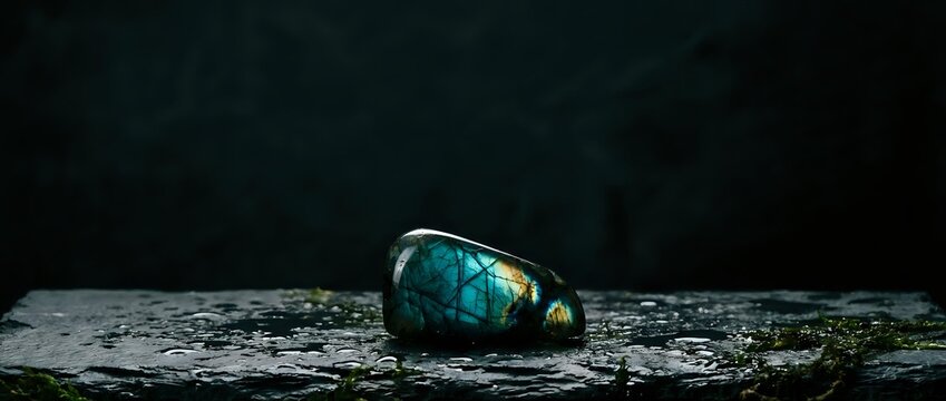 Iridescent labradorite gemstone with blue and green flash on textured stone surface against dark background for jewelry and mineral collection displays.