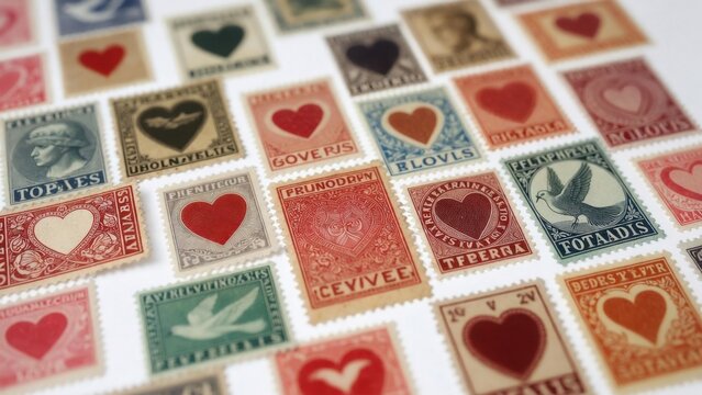 Vintage stamps in warm tones fill the frame