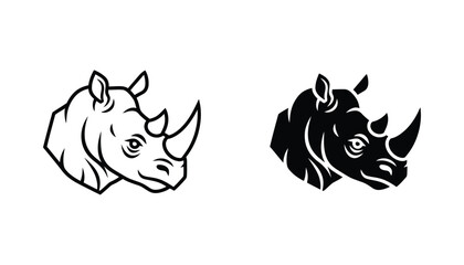 Striking rhinoceros head icon in outline and solid black versions for versatile graphic design applications © Vertex