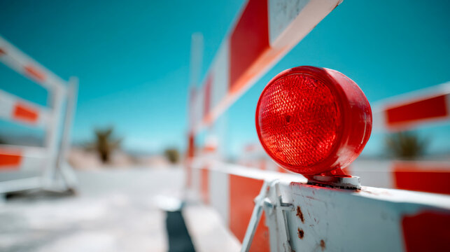 Red road warning light placed between safety barriers on an urban construction site