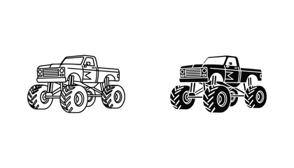 Monster truck outline and solid silhouette icons on a white background © Vertex
