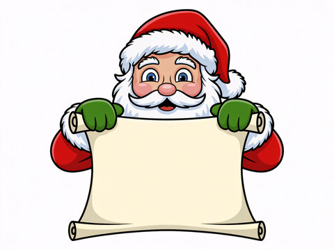 Santa Claus holding blank scroll for Christmas and holiday design, cartoon vector illustration