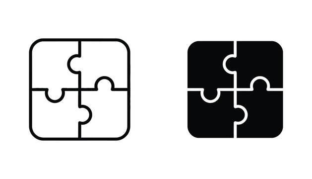 Four puzzle pieces vector icon in outline and solid fill for teamwork and problem solving concepts
