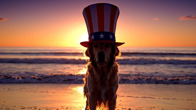 Golden Retriever Silhouette Wearing Uncle Sam Hat Standing on Beach at Sunset with Ocean Waves Dramatic Patriotic Animal Scene
