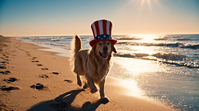Golden Retriever Wearing Uncle Sam Hat Walking Along Sunny Beach with Ocean Waves Patriotic Costume Cute Animal Summer Scene