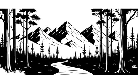 Black and white illustration of a winding forest path leading to majestic mountains. © Eijaz_Rahmat